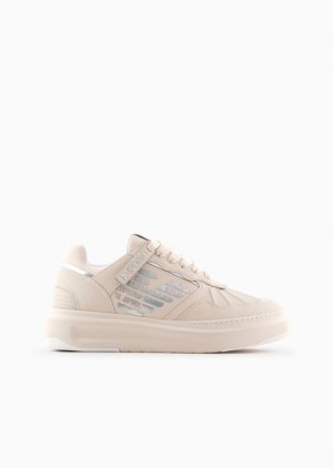 Milky White Emporio Armani Leather Sneakers With Laminated Eagle | EA-SN57193