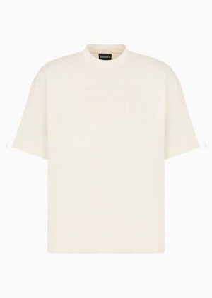 Milky White Emporio Armani Oversize, Heavyweight Jersey T-shirt With Embroidered Logo | EA-SN58740