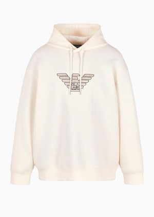 Milky White Emporio Armani Oversized Double-jersey Hooded Sweatshirt With Logo Embroidery Trim | EA-SN58550