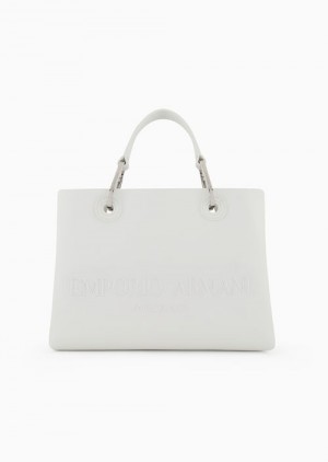 Milky White Emporio Armani Small Myea Shopper Bag With Oversized Embossed Logo | EA-SN57311