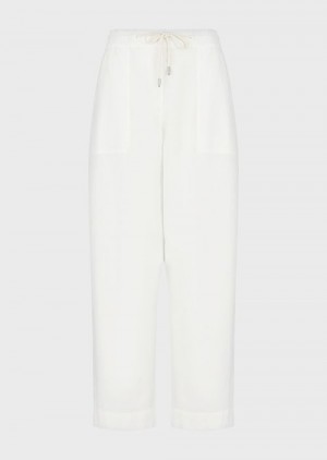 Milky White Emporio Armani Sustainable Collection 7/8 Drawstring Trousers In Garment-dyed Organic Muslin | EA-SN56861