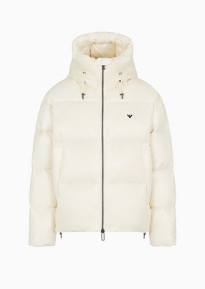 Milky White Emporio Armani Water-repellent Hooded Down Jacket In Quilted Nylon | EA-SN58229