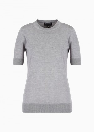 Mélange Grey Emporio Armani Short-sleeved Jumper In Plain-knit Pure Virgin Wool | EA-SN56691