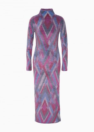 Multicolour Emporio Armani Multicoloured Jacquard-knit Mock-neck Midi Sheath Dress | EA-SN56524