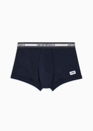 Navy Blue Emporio Armani Armani Sustainability Values Logo Band Shiny Organic-cotton Boxer Briefs | EA-SN58779