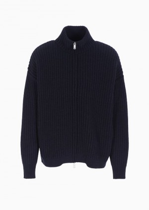 Navy Blue Emporio Armani Asv Capsule Full-zip Blouson In A Cob-stitch Recycled Wool-blend Knit | EA-SN58214