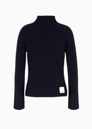 Navy Blue Emporio Armani Asv Capsule Mock-neck Jumper In A Ribbed Recycled Wool Blend | EA-SN56675