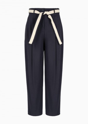 Navy Blue Emporio Armani Asv Capsule Organic Gabardine Trousers With A Belt | EA-SN56798