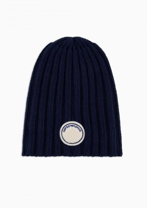 Navy Blue Emporio Armani Asv Capsule Ribbed Wool-blend Beanie With Patch | EA-SN57460