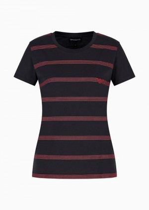 Navy Blue Emporio Armani Asv Zig-zag Print Organic Jersey T-shirt With Eagle Embroidery | EA-SN57032