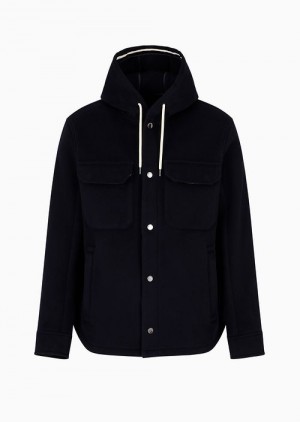 Navy Blue Emporio Armani Blouson With Hood In Soft Virgin Wool | EA-SN58200