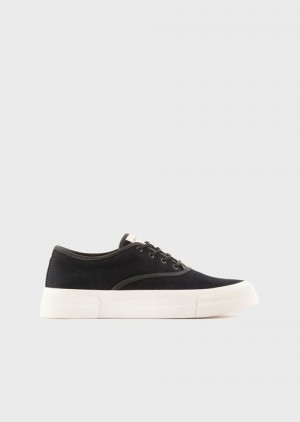 Navy Blue Emporio Armani Canvas Sneakers With Vegetable-tanned Leather Details | EA-SN58950