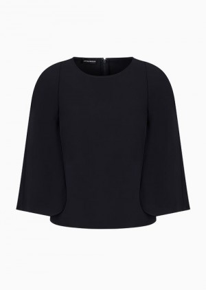 Navy Blue Emporio Armani Cape-sleeved Blouse In Technical Cady | EA-SN56937