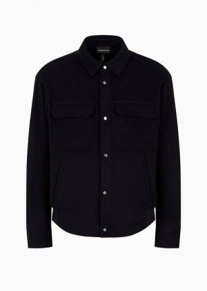 Navy Blue Emporio Armani Cashmere Wool Cloth Shirt Jacket With Front Pockets | EA-SN57889