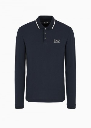 Navy Blue Emporio Armani Core Identity Stretch-cotton, Long-sleeved Polo Shirt | EA7-SN59927