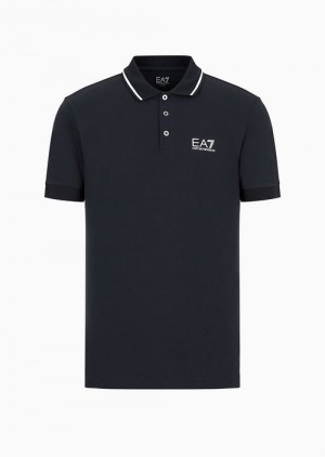 Navy Blue Emporio Armani Core Identity Stretch Piqué Polo Shirt | EA7-SN59930