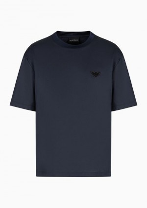 Navy Blue Emporio Armani Cotton Canvas T-shirt With Eagle Patch | EA-SN58722