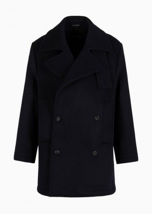 Navy Blue Emporio Armani Double-breasted, Wool Cloth Lapelled Pea Coat | EA-SN58179