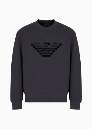 Navy Blue Emporio Armani Double-jersey Sweatshirt With Flocked Logo Print | EA-SN58483