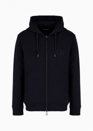 Navy Blue Emporio Armani Double-jersey Zip-up Hooded Sweatshirt With Embossed, Embroidered Ea Logo | EA-SN58554