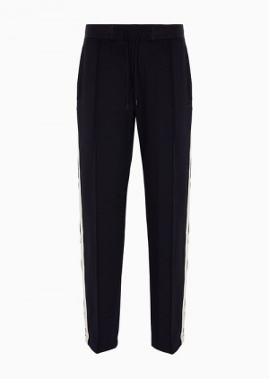 Navy Blue Emporio Armani Drawstring Trousers With Contrasting Stripes In A Wool-blend Jersey | EA-SN58339