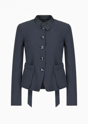 Navy Blue Emporio Armani Faux-galuchat Fabric Jacket With Martingale | EA-SN56466