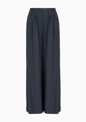 Navy Blue Emporio Armani Faux-galuchat, Wide-legged Trousers | EA-SN56871