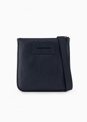 Navy Blue Emporio Armani Flat, Tumbled Leather Shoulder Bag | EA-SN59072