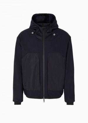 Navy Blue Emporio Armani Full-zip Reversible Hooded Blouson In Technical Fabric With Travel Essentials Satin-effect Inserts | EA-SN58216