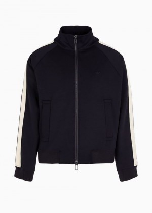 Navy Blue Emporio Armani Full-zip Sweatshirt In A Wool-blend Jersey With Contrasting Bands | EA-SN58520