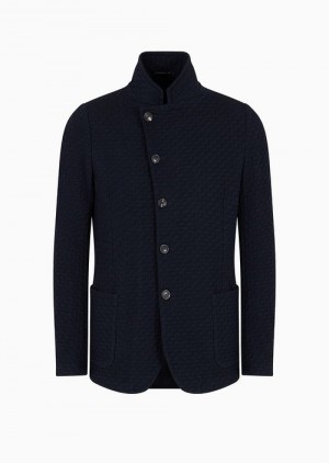 Navy Blue Emporio Armani Guru-collar Jacket With Off-center Fastening In Grisaille-weave Jersey | EA-SN57829