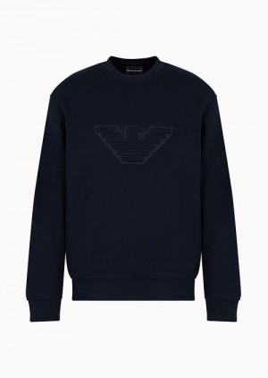 Navy Blue Emporio Armani Heavyweight Jersey Sweatshirt With Domed Logo | EA-SN58499