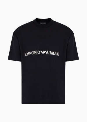 Navy Blue Emporio Armani Heavyweight Jersey T-shirt With Logo Embroidery In A Military Font | EA-SN58647