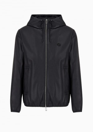 Navy Blue Emporio Armani Hooded, Semi-aniline Nappa Lambskin Blouson With Full-length Zip | EA-SN58238