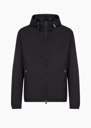 Navy Blue Emporio Armani Hooded, Water-repellent Nylon Blouson With Logo Patch | EA-SN58242