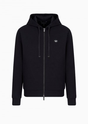 Navy Blue Emporio Armani Hooded, Zipped, Ponte-di-roma Sweatshirt | EA-SN58531