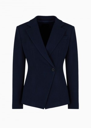 Navy Blue Emporio Armani Icon Frisottino Single-breasted Jacket With Jacquard Micro-check Motif | EA-SN56473