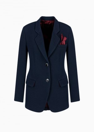 Navy Blue Emporio Armani Icon Jacket With Rounded Lapels In Micro-check Jacquard | EA-SN56446