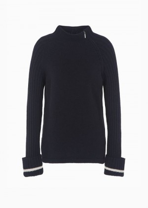 Navy Blue Emporio Armani Icon Ribbed-sleeve Cashmere-blend Turtleneck Jumper | EA-SN56682