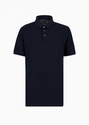 Navy Blue Emporio Armani Jersey Polo Shirt With An All-over Jacquard Motif | EA-SN58429