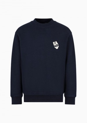 Navy Blue Emporio Armani Jersey Sweatshirt With Diagonal Weave And Logo Embroidery | EA-SN58539