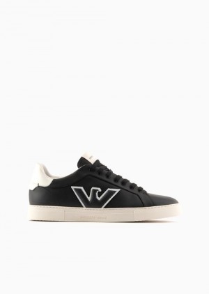 Navy Blue Emporio Armani Leather Sneakers With Eagle Patch | EA-SN58984