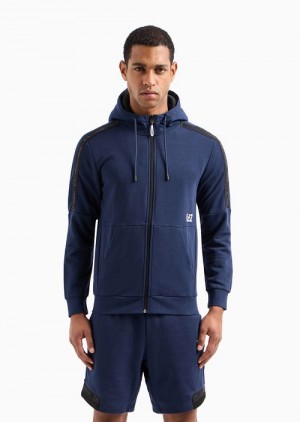 Navy Blue Emporio Armani Logo Series Hooded Cotton Sweatshirt | EA7-SN59981