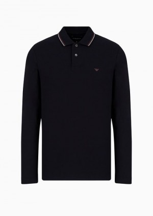 Navy Blue Emporio Armani Long-sleeved Stretch Piqué Polo Shirt With Micro Eagle Embroidery | EA-SN58438