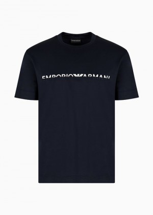 Navy Blue Emporio Armani Lyocell-blend Jersey T-shirt With Two-tone Embroidered Asv Logo | EA-SN58638