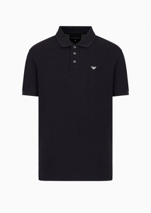 Navy Blue Emporio Armani Mercerised Piqué Polo Shirt With Micro Eagle | EA-SN58453