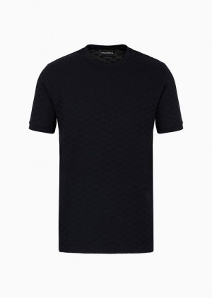 Navy Blue Emporio Armani Mercerised-jersey T-shirt With All-over Jacquard Eagle | EA-SN58673