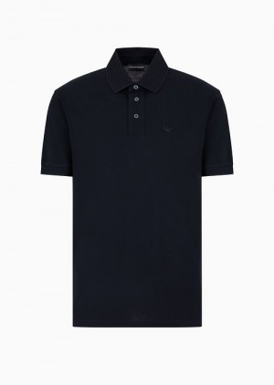 Navy Blue Emporio Armani Mercerized Piqué Polo Shirt With Chevron Trim | EA-SN58451