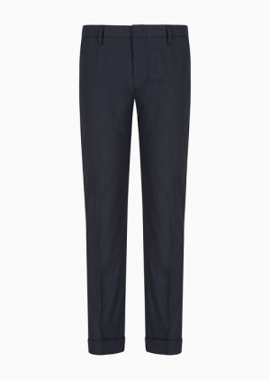 Navy Blue Emporio Armani Micro-textured Chinos With Turn-ups | EA-SN58379