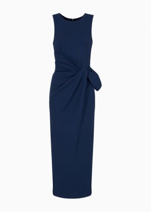 Navy Blue Emporio Armani Milano-stitch Midi Sheath Dress With Draping | EA-SN56527